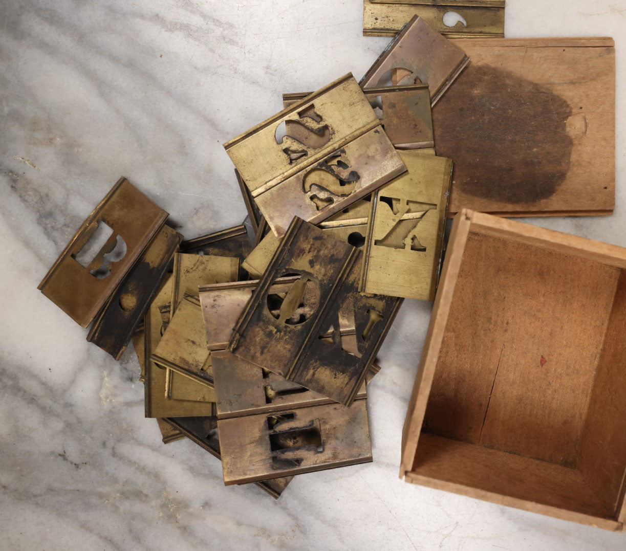 Lot 144 - Junk Drawer Grouping, 20+ Brass Letter And Number Stencils In Box, Incomplete, See Photos