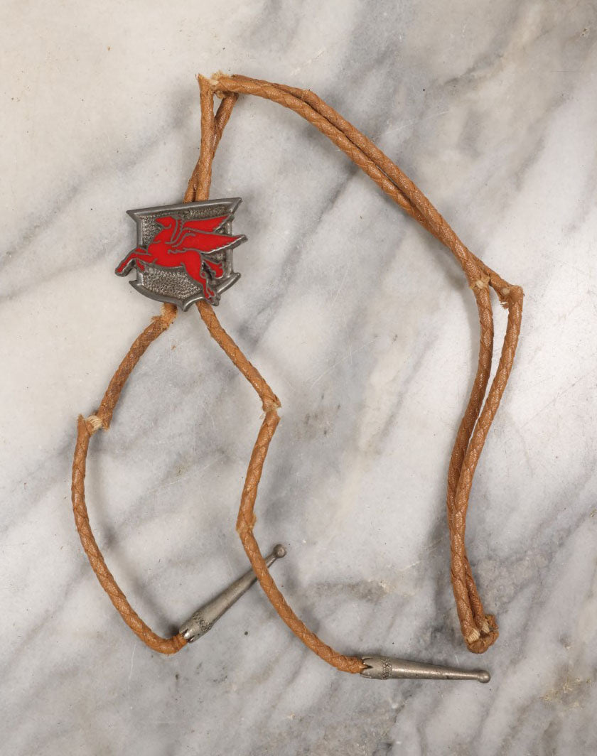Lot 145 - Single Junk Drawer Finding, Vintage Pegasus Mobil Gas Bolo Tie Slide With Worn, Cracked Bolo Tie
