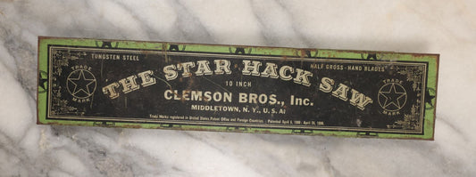 Lot 147 - Single Junk Drawer Finding, The Star Hack Saw Blade Tin, 10 Inch, By Clemson Bros., Inc., Middletown, New York, Empty