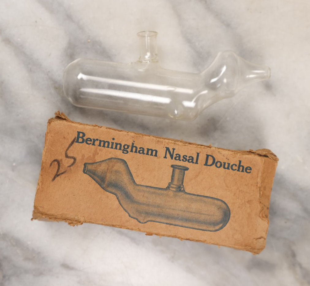 Lot 149 - Single Junk Drawer Finding, Bermingham Nasal Douche In Box, Glass Medical Device, Distributed By Glasco Products Company, Chicago Illinois, No. 1160