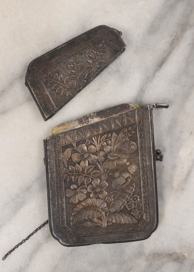 Lot 157 - Single Junk Drawer Finding, Silverplate Calling Card Case With Ornate Etched Design, Poor Condition, Bent, Cover Separated