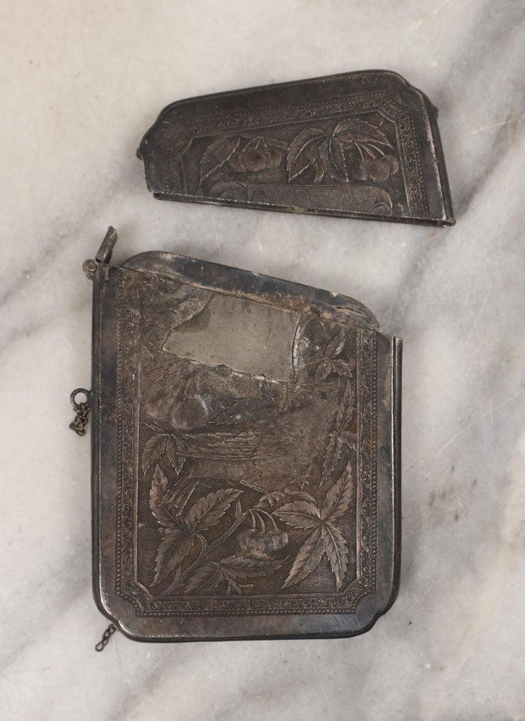 Lot 157 - Single Junk Drawer Finding, Silverplate Calling Card Case With Ornate Etched Design, Poor Condition, Bent, Cover Separated