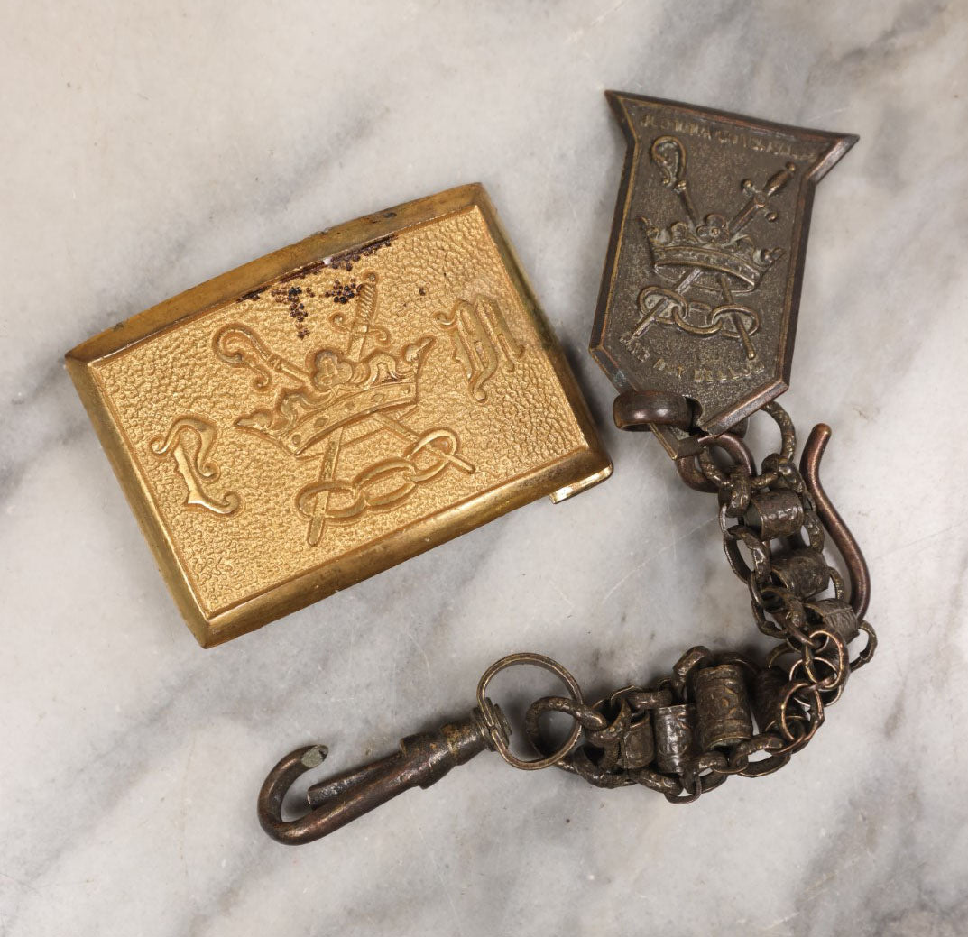 Lot 158 - Pair Of Junk Drawer Findings, Odd Fellows Metal Regalia Fragments Including Belt Buckle, Belt Chain