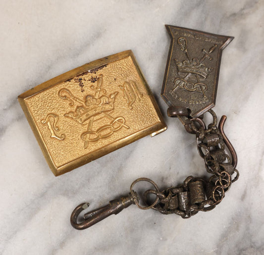 Lot 158 - Pair Of Junk Drawer Findings, Odd Fellows Metal Regalia Fragments Including Belt Buckle, Belt Chain