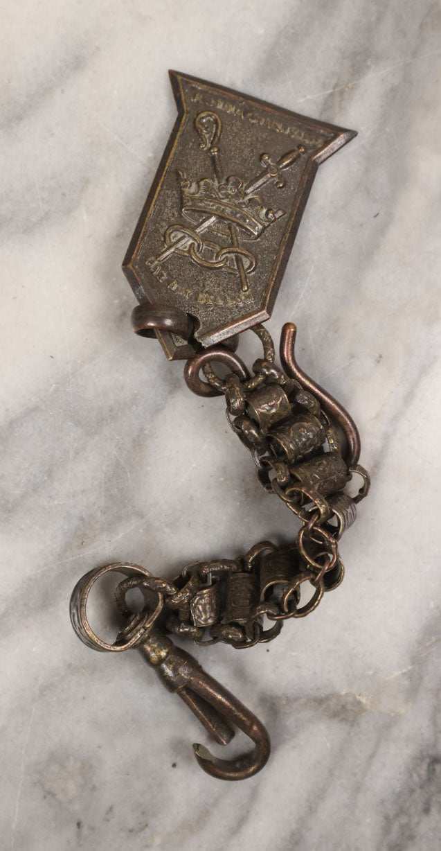 Lot 158 - Pair Of Junk Drawer Findings, Odd Fellows Metal Regalia Fragments Including Belt Buckle, Belt Chain