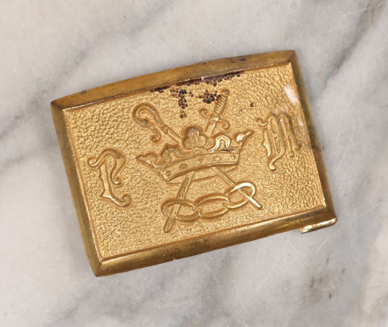 Lot 158 - Pair Of Junk Drawer Findings, Odd Fellows Metal Regalia Fragments Including Belt Buckle, Belt Chain