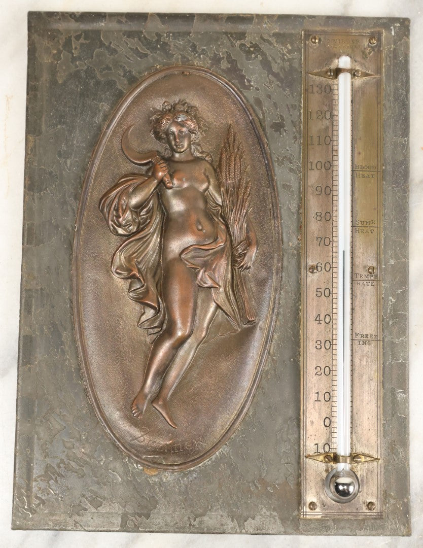 Lot 003 - Antique Wall Hanging Thermometer Depicting Demeter (Greek) / Ceres (Roman), Titled "Summer," Manufactured By C. Wilder, Peterboro / Peterborough, New Hampshire