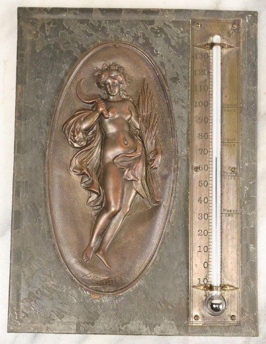 Lot 003 - Antique Wall Hanging Thermometer Depicting Demeter (Greek) / Ceres (Roman), Titled "Summer," Manufactured By C. Wilder, Peterboro / Peterborough, New Hampshire