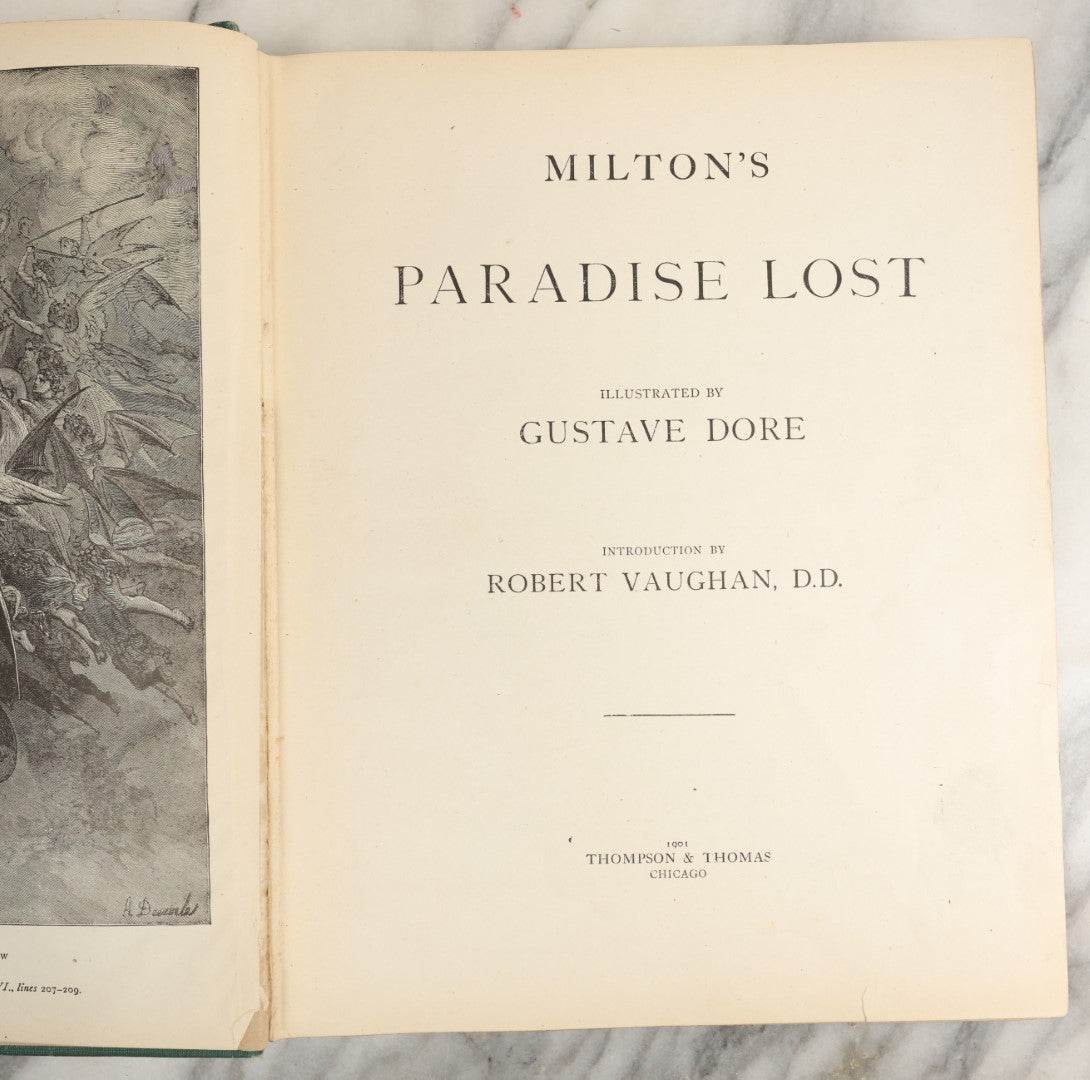 Lot 006 - Milton's "Paradise Lost" Antique Book Illustrated By Gustave Dore, With Green Cover And Gold Lettering, Thompson & Thompson, Chicago, 1901