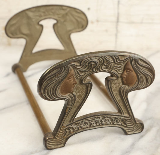 Lot 007 - Antique Art Nouveau Extendable Adjustable Metal Book Stand With Figural Women Heads, Early 20th Century