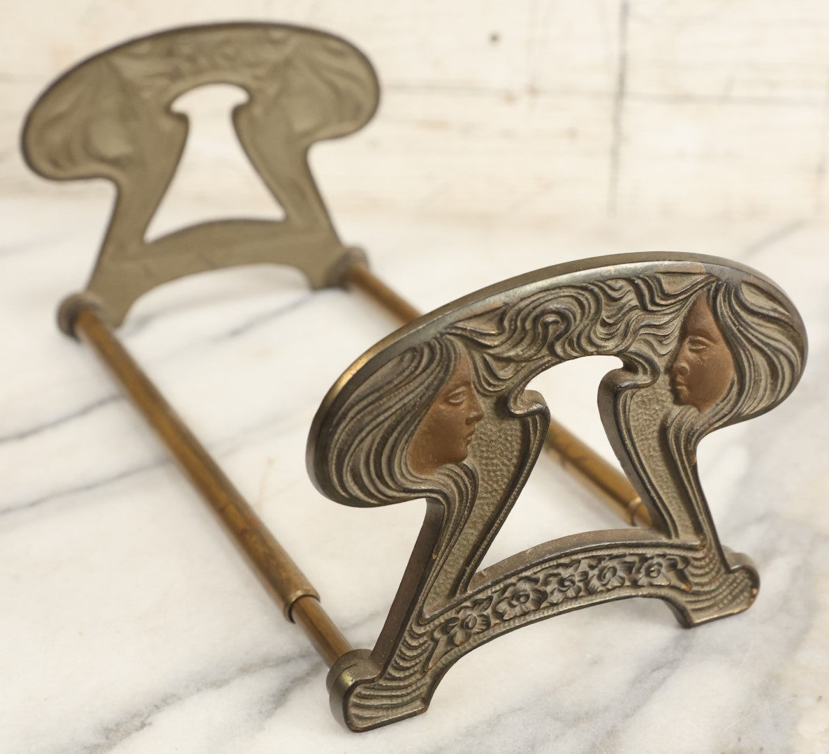 Lot 007 - Antique Art Nouveau Extendable Adjustable Metal Book Stand With Figural Women Heads, Early 20th Century