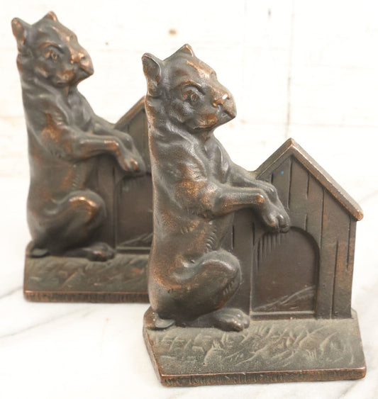 Lot 008 - Antique Bronzed Cast Iron Boston Terrier "Me And My Doghouse" Bookends, Marked Verona, Early 20th Century, Pair