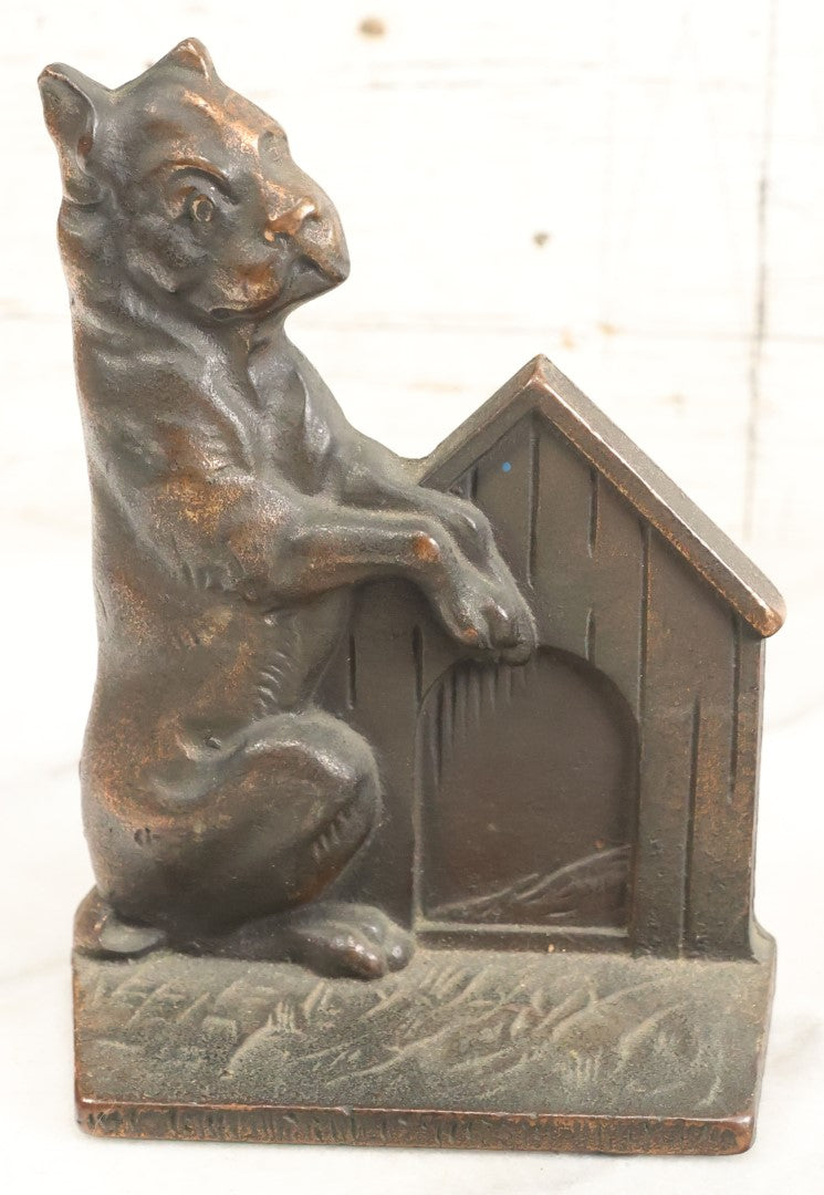 Lot 008 - Antique Bronzed Cast Iron Boston Terrier "Me And My Doghouse" Bookends, Marked Verona, Early 20th Century, Pair