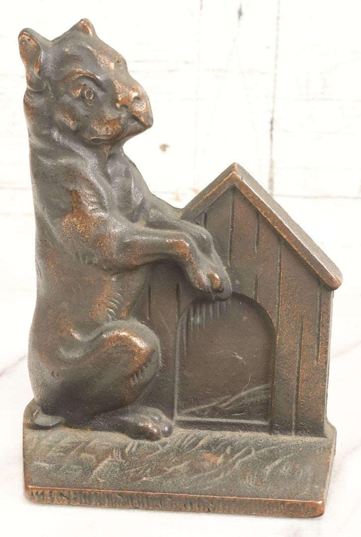 Lot 008 - Antique Bronzed Cast Iron Boston Terrier "Me And My Doghouse" Bookends, Marked Verona, Early 20th Century, Pair