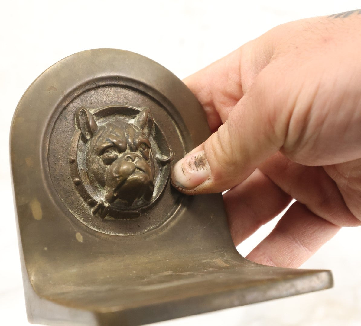 Lot 009 - Antique Heavy Cast Brass Boston Terrier Head Bookends, Early 20th Century, Pair