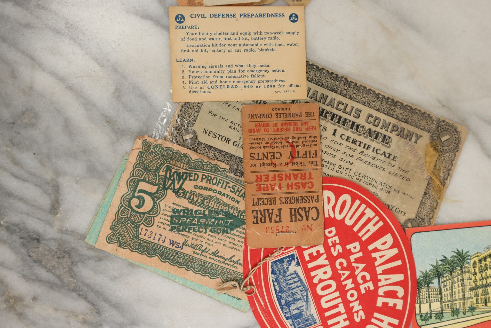 Lot 162 - Grouping Of 10+ Pieces Of Miscellaneous Advertising Including Wrigley's Spearmint Gum Coupons, Hotel Labels, Civil Defence Emergency Card, And More