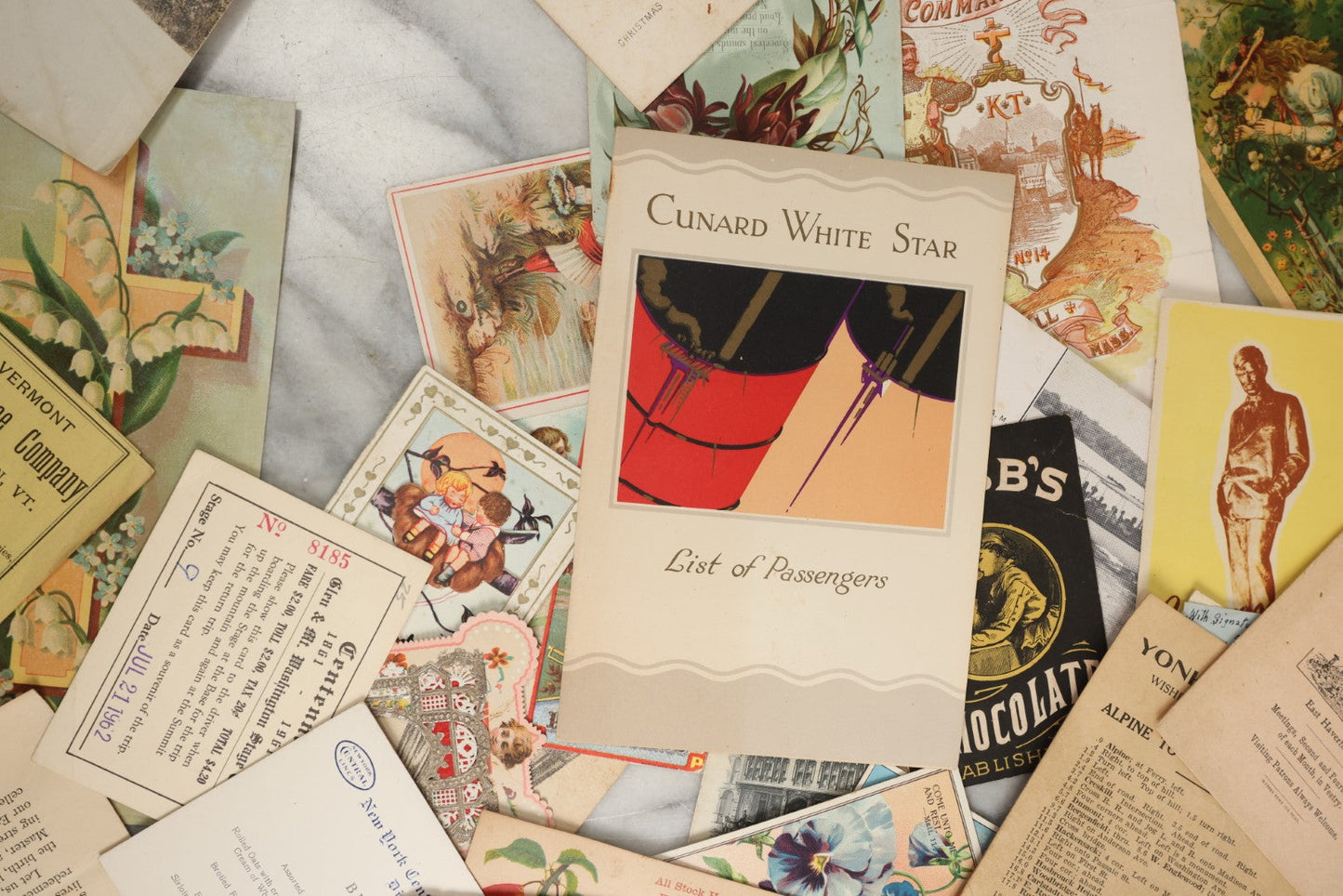 Lot 164 - Grouping Of 35+ Pieces Of Various Ephemera And Advertising, Including Trade Cards, Weirs Beach New Hampshire Blotter, Cunard White Star Line Pamphlet, Haverhill, Massachusetts Knights Templar Pamphlet, Yonker's Ferry Schedule, Etc