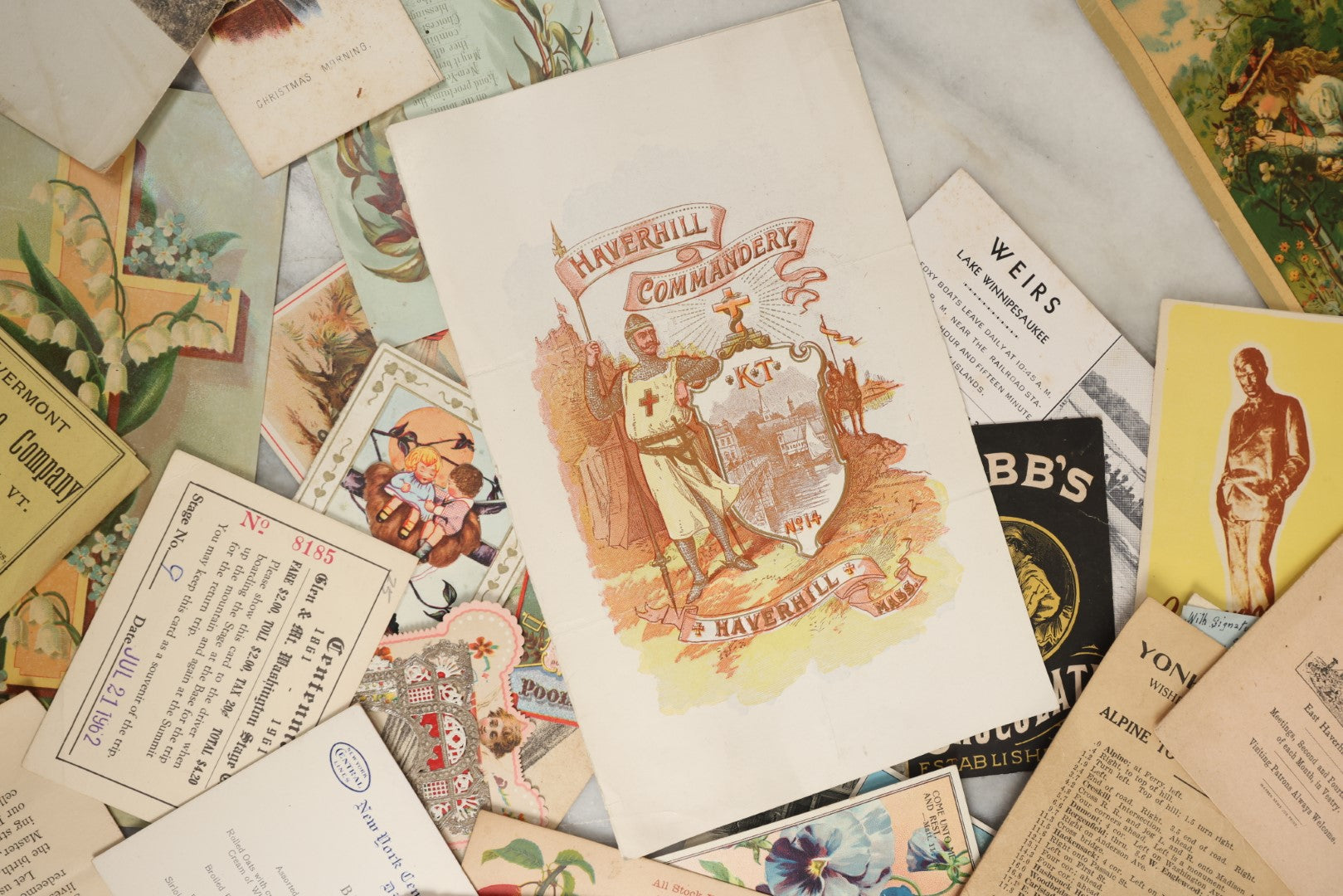 Lot 164 - Grouping Of 35+ Pieces Of Various Ephemera And Advertising, Including Trade Cards, Weirs Beach New Hampshire Blotter, Cunard White Star Line Pamphlet, Haverhill, Massachusetts Knights Templar Pamphlet, Yonker's Ferry Schedule, Etc