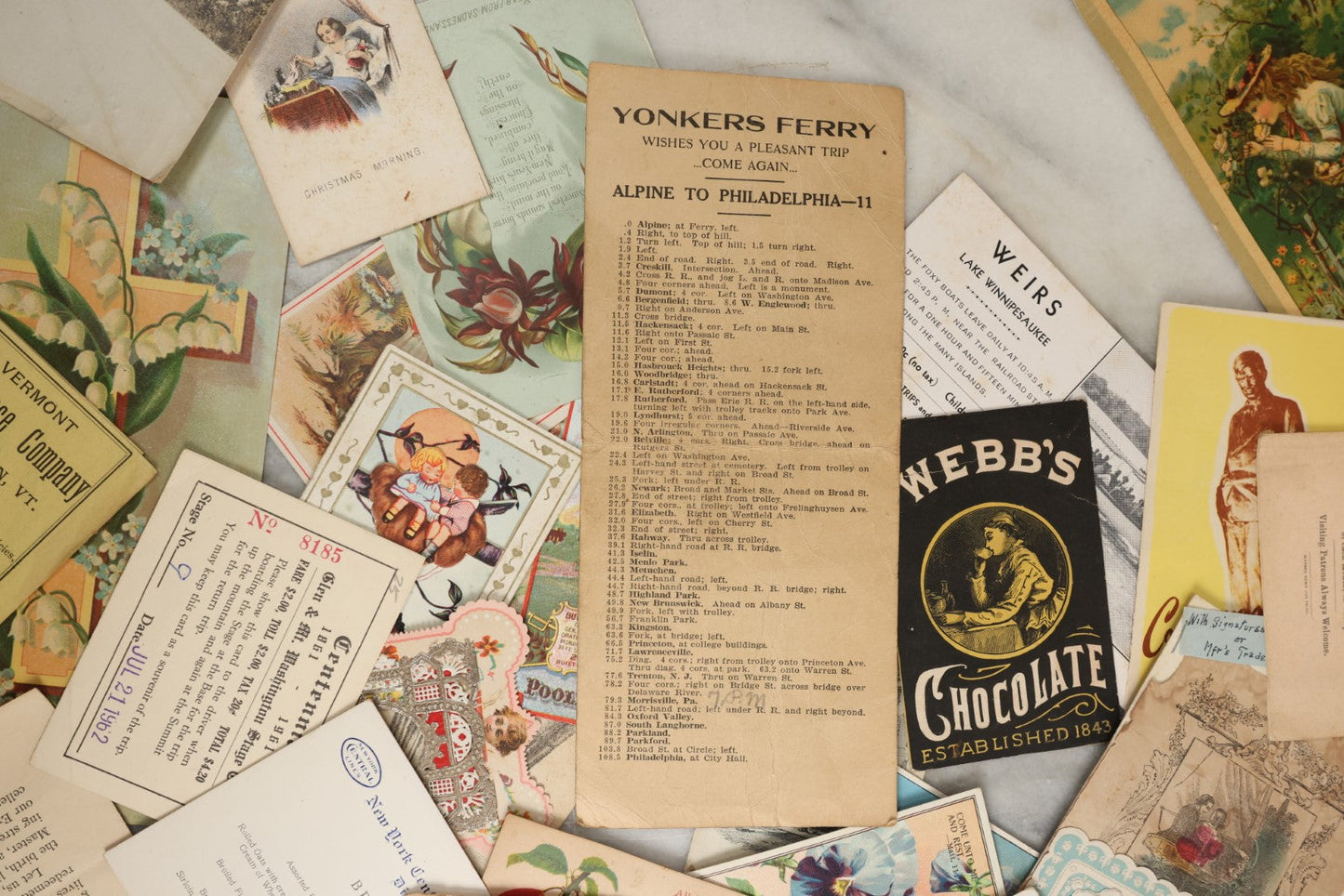 Lot 164 - Grouping Of 35+ Pieces Of Various Ephemera And Advertising, Including Trade Cards, Weirs Beach New Hampshire Blotter, Cunard White Star Line Pamphlet, Haverhill, Massachusetts Knights Templar Pamphlet, Yonker's Ferry Schedule, Etc
