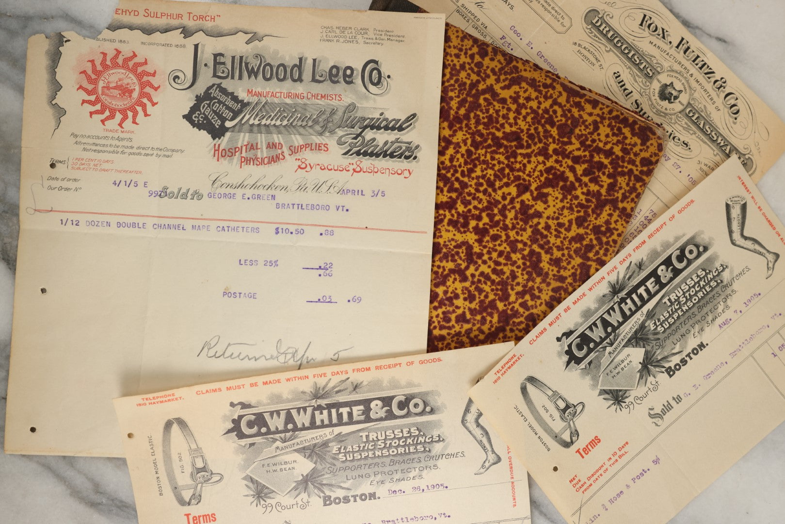 Lot 165 - Five Piece Grouping Of Miscellaneous Interesting Bill Heads And A Cash Book, Including J. Ellwood Lee Co. Medical And Surgical, C.W. White & Co. Stockings And Suspenders, And Fox, Fultz, & Co. Druggists And Glassware