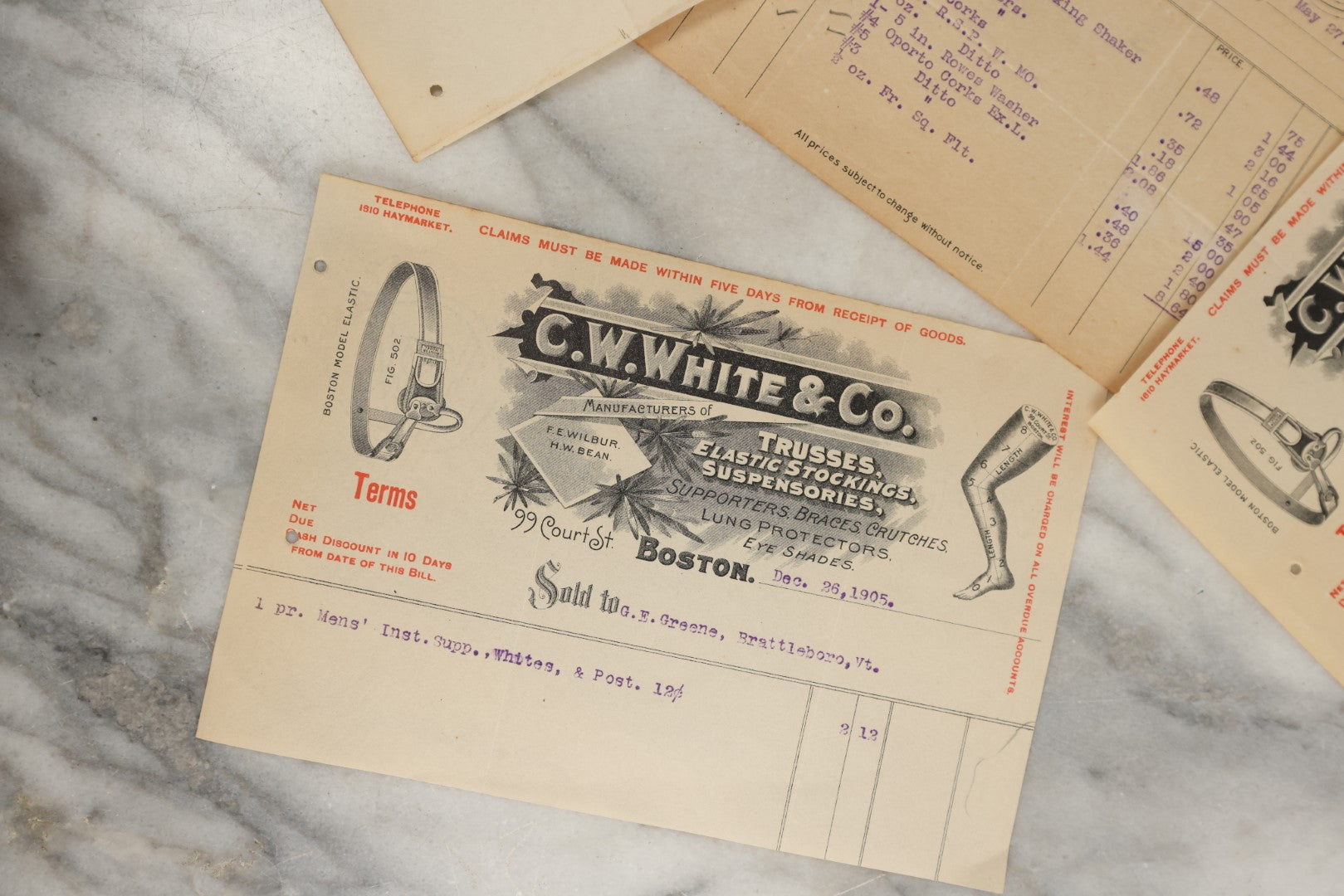 Lot 165 - Five Piece Grouping Of Miscellaneous Interesting Bill Heads And A Cash Book, Including J. Ellwood Lee Co. Medical And Surgical, C.W. White & Co. Stockings And Suspenders, And Fox, Fultz, & Co. Druggists And Glassware