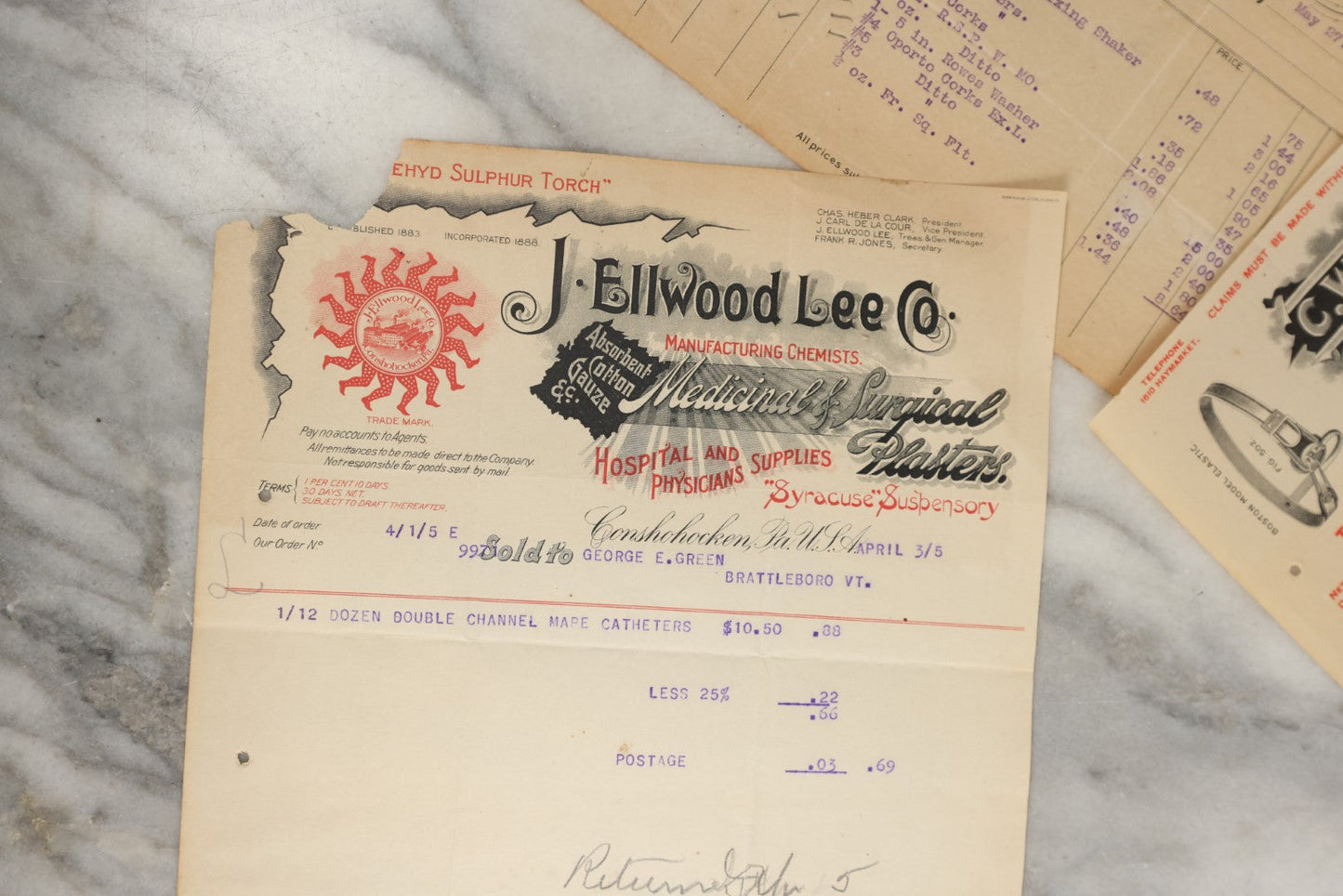 Lot 165 - Five Piece Grouping Of Miscellaneous Interesting Bill Heads And A Cash Book, Including J. Ellwood Lee Co. Medical And Surgical, C.W. White & Co. Stockings And Suspenders, And Fox, Fultz, & Co. Druggists And Glassware