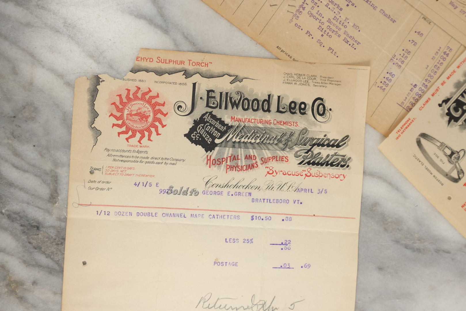 Lot 165 - Five Piece Grouping Of Miscellaneous Interesting Bill Heads And A Cash Book, Including J. Ellwood Lee Co. Medical And Surgical, C.W. White & Co. Stockings And Suspenders, And Fox, Fultz, & Co. Druggists And Glassware