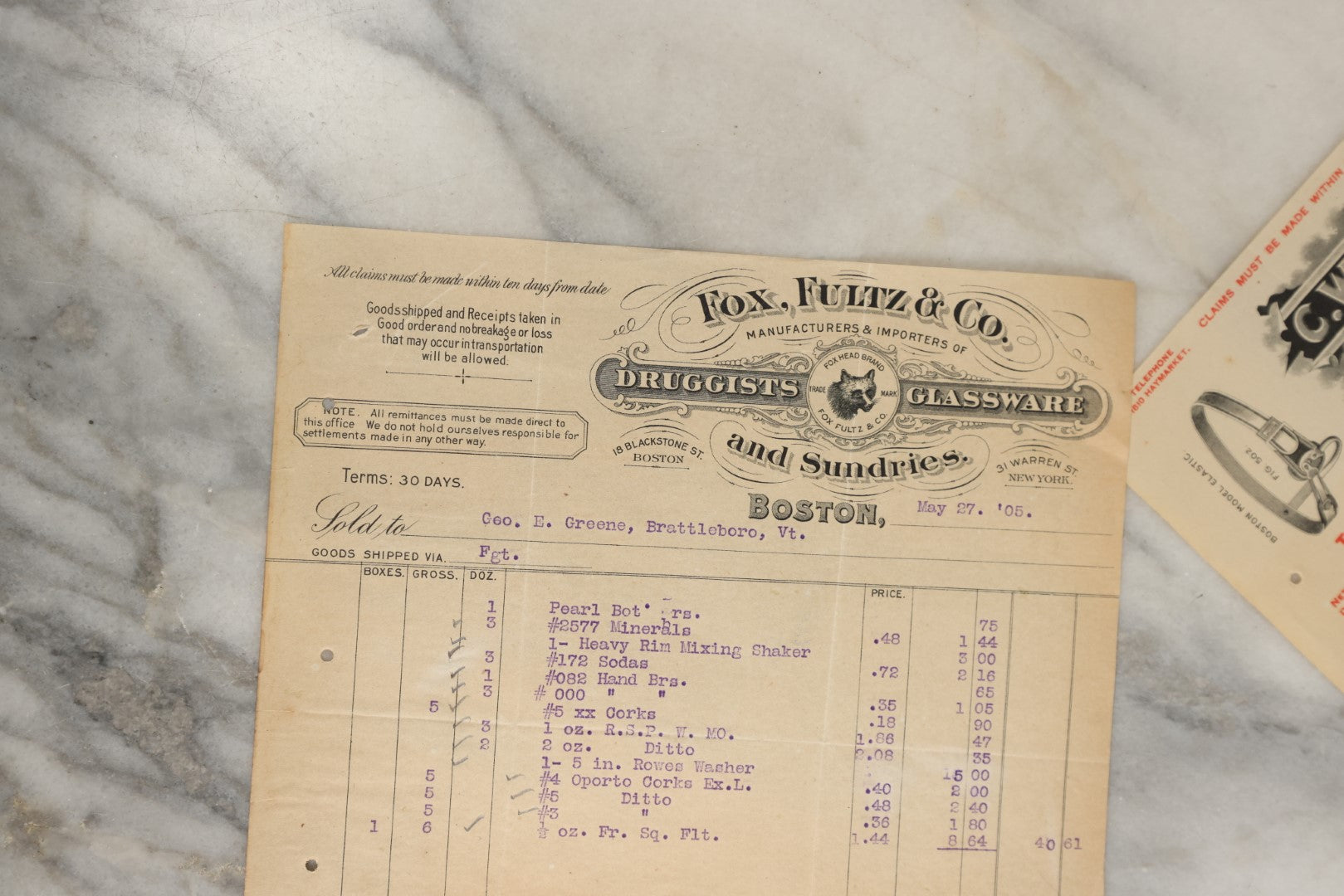 Lot 165 - Five Piece Grouping Of Miscellaneous Interesting Bill Heads And A Cash Book, Including J. Ellwood Lee Co. Medical And Surgical, C.W. White & Co. Stockings And Suspenders, And Fox, Fultz, & Co. Druggists And Glassware