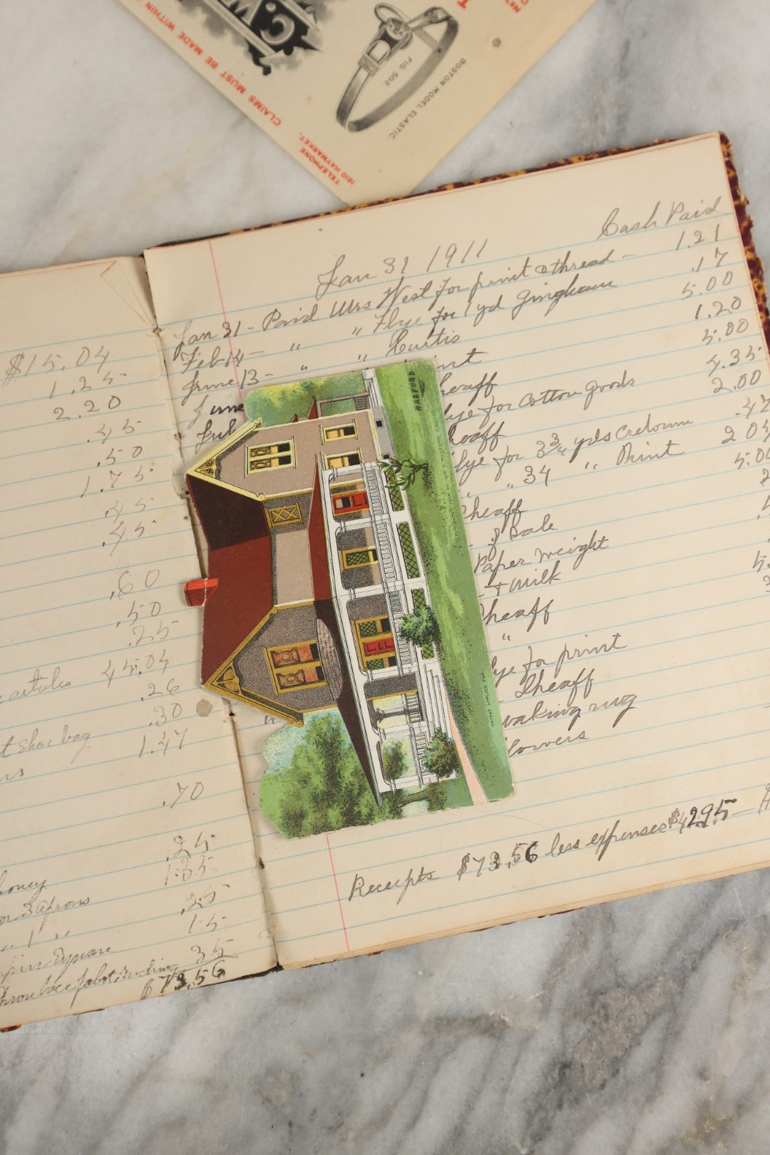 Lot 165 - Five Piece Grouping Of Miscellaneous Interesting Bill Heads And A Cash Book, Including J. Ellwood Lee Co. Medical And Surgical, C.W. White & Co. Stockings And Suspenders, And Fox, Fultz, & Co. Druggists And Glassware