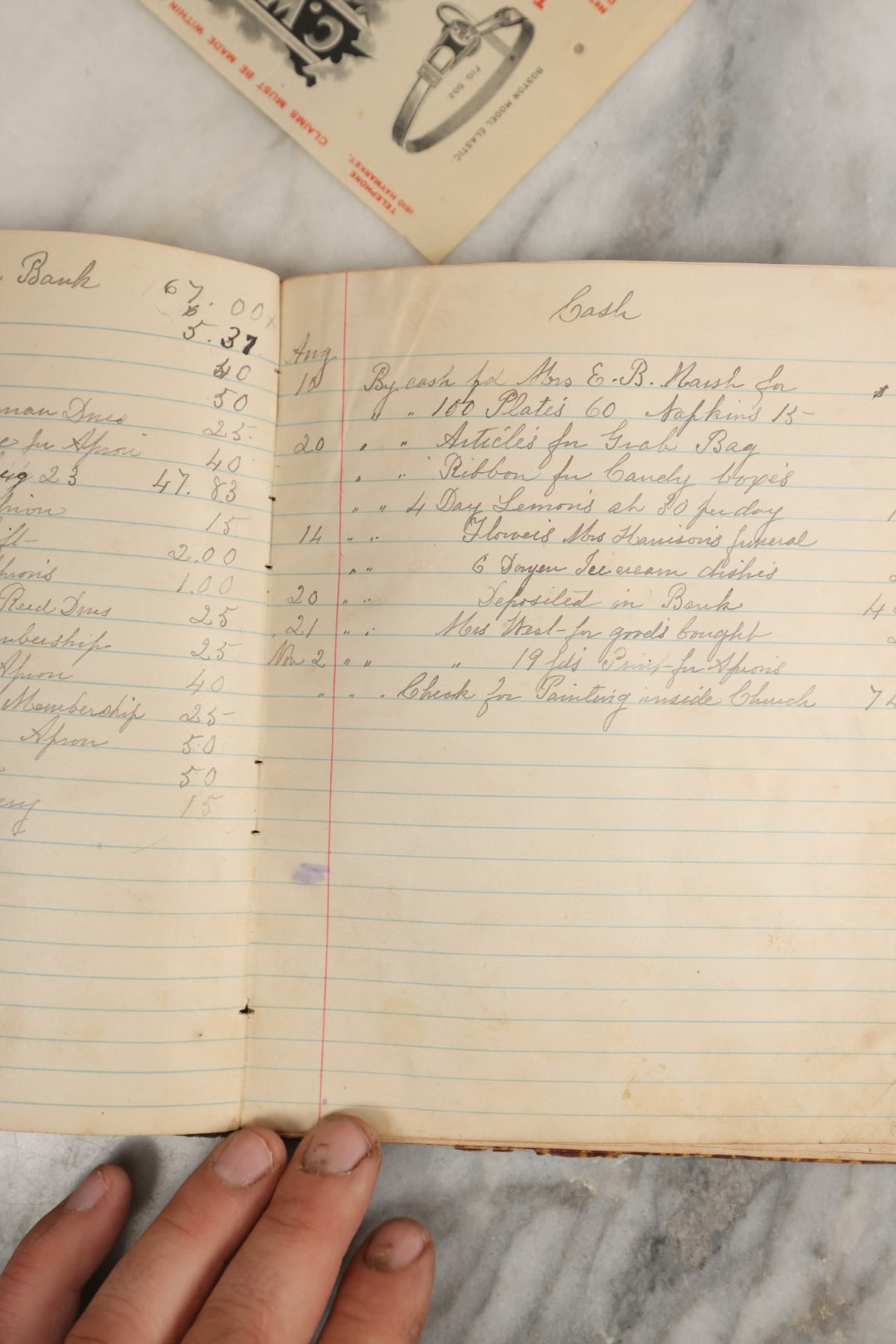 Lot 165 - Five Piece Grouping Of Miscellaneous Interesting Bill Heads And A Cash Book, Including J. Ellwood Lee Co. Medical And Surgical, C.W. White & Co. Stockings And Suspenders, And Fox, Fultz, & Co. Druggists And Glassware