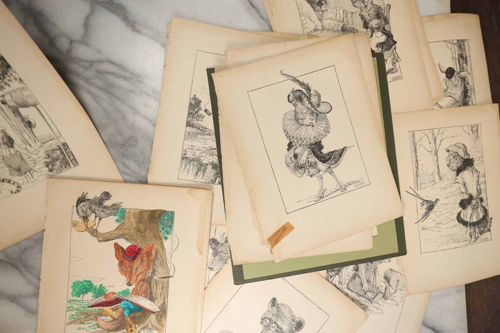 Lot 166 - Grouping Of 20+ Vintage Loose Bookplate Illustrations Of Anthropomorphic Animals As Drawn By Joseph J. More, From The Animals Of Aesop's Fables, Circa 1900