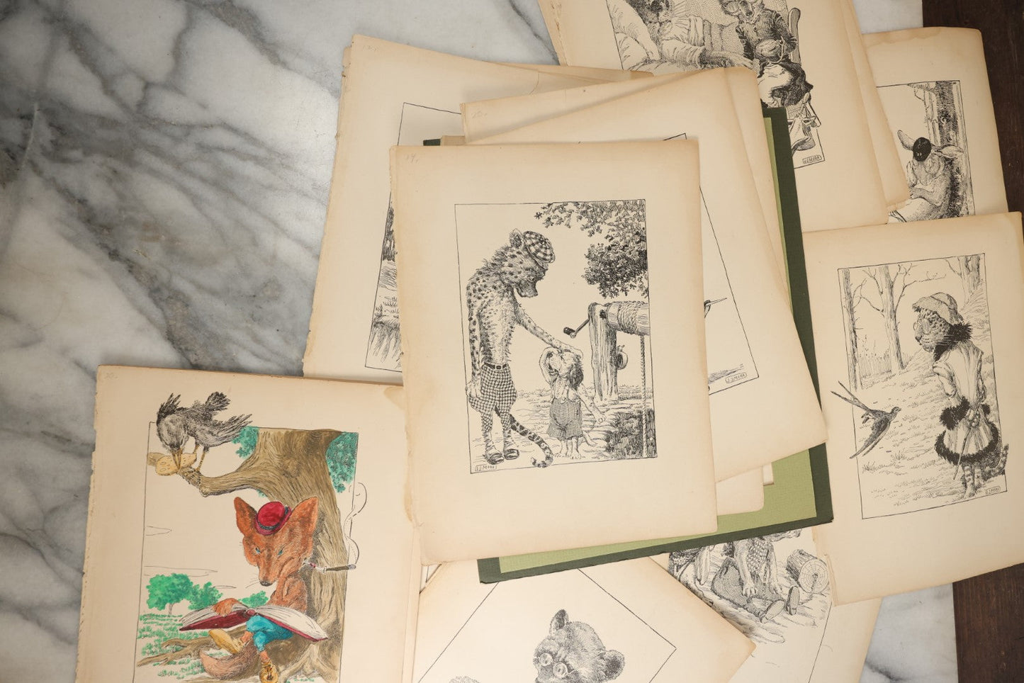 Lot 166 - Grouping Of 20+ Vintage Loose Bookplate Illustrations Of Anthropomorphic Animals As Drawn By Joseph J. More, From The Animals Of Aesop's Fables, Circa 1900