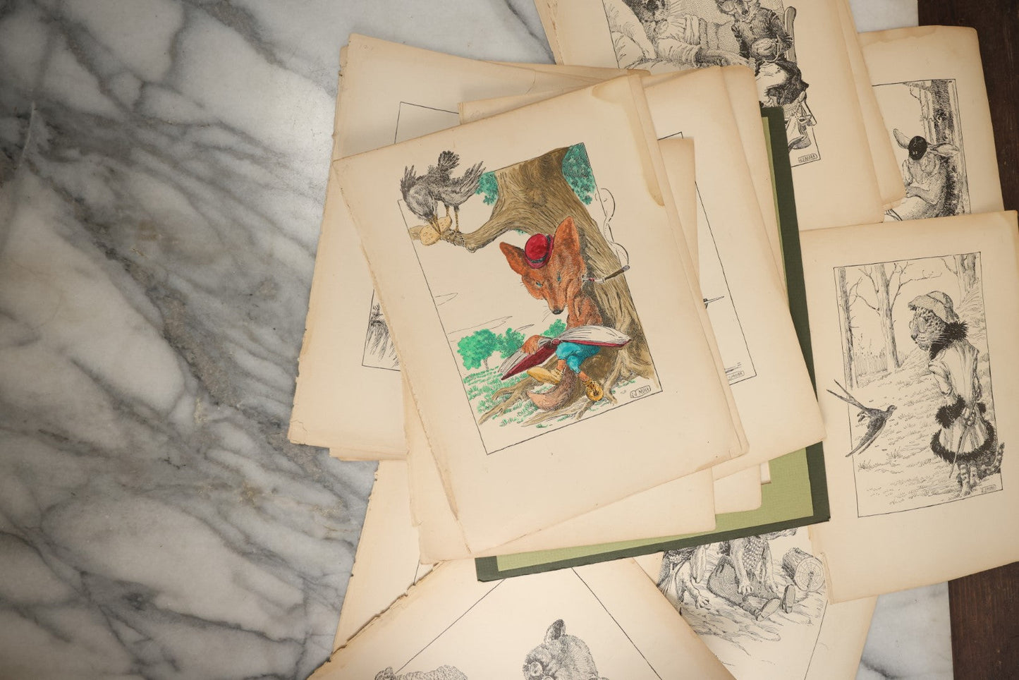 Lot 166 - Grouping Of 20+ Vintage Loose Bookplate Illustrations Of Anthropomorphic Animals As Drawn By Joseph J. More, From The Animals Of Aesop's Fables, Circa 1900