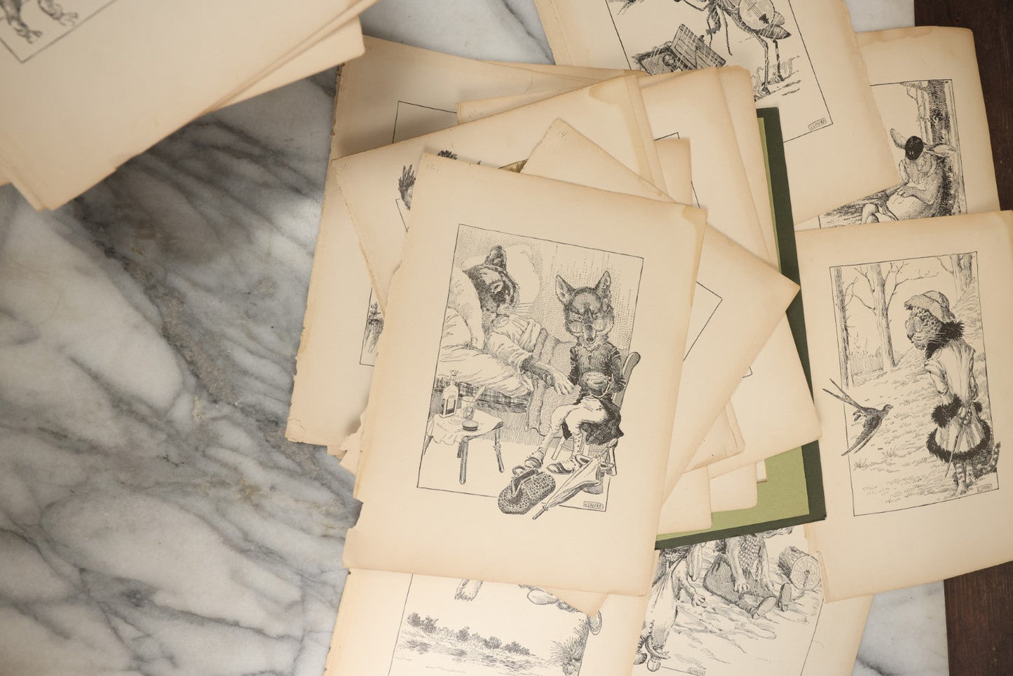Lot 166 - Grouping Of 20+ Vintage Loose Bookplate Illustrations Of Anthropomorphic Animals As Drawn By Joseph J. More, From The Animals Of Aesop's Fables, Circa 1900
