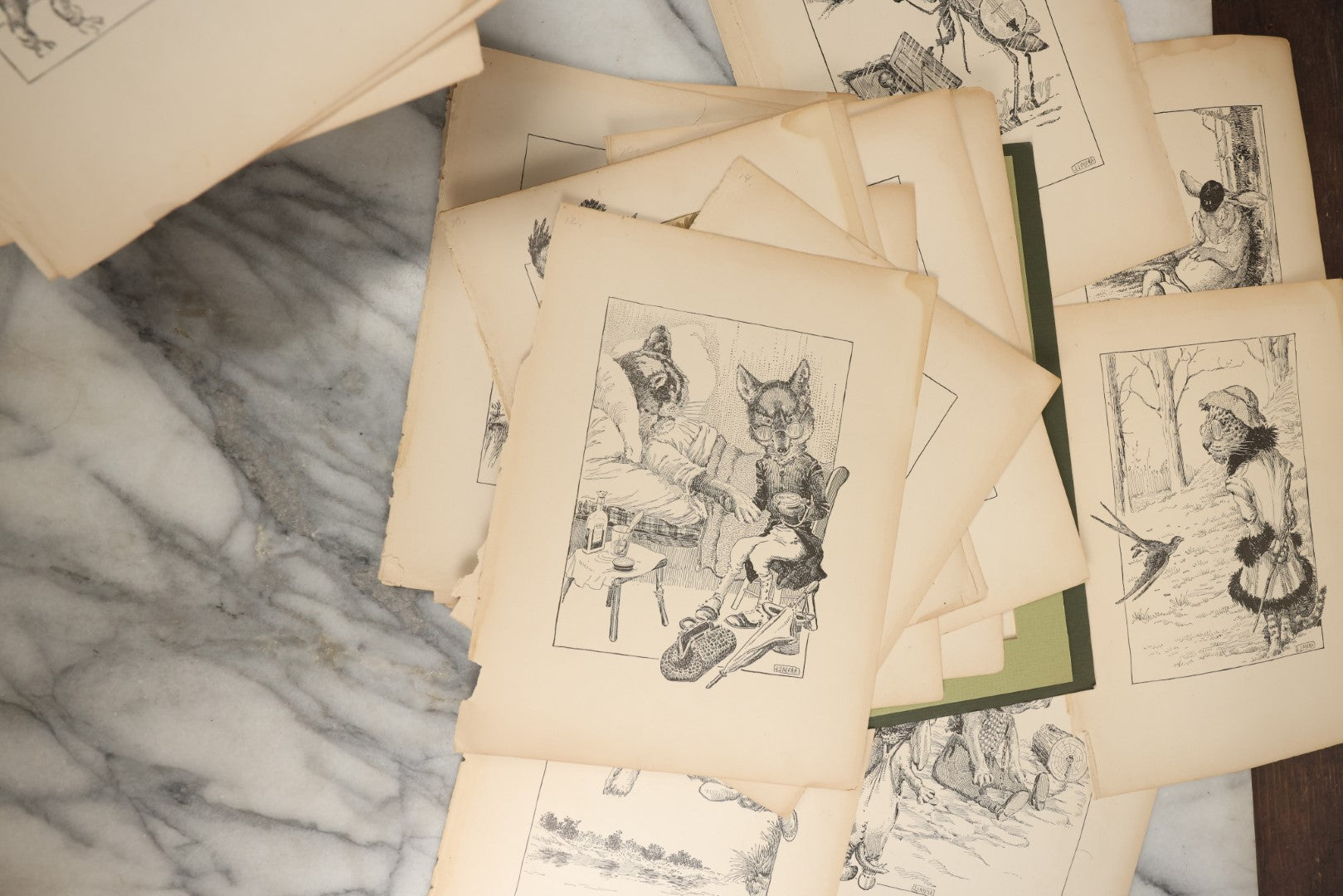 Lot 166 - Grouping Of 20+ Vintage Loose Bookplate Illustrations Of Anthropomorphic Animals As Drawn By Joseph J. More, From The Animals Of Aesop's Fables, Circa 1900