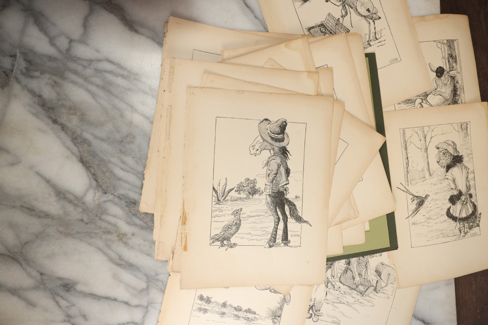 Lot 166 - Grouping Of 20+ Vintage Loose Bookplate Illustrations Of Anthropomorphic Animals As Drawn By Joseph J. More, From The Animals Of Aesop's Fables, Circa 1900