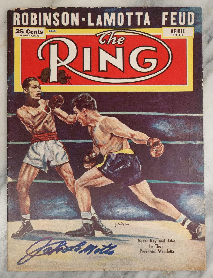 Lot 179 - The Ring Magazine, Robinson Lamotta Feud Issue And Cover, April 1951, Appears To Include Jake Lamotta Autograph, Not Authenticated, Not Guaranteed