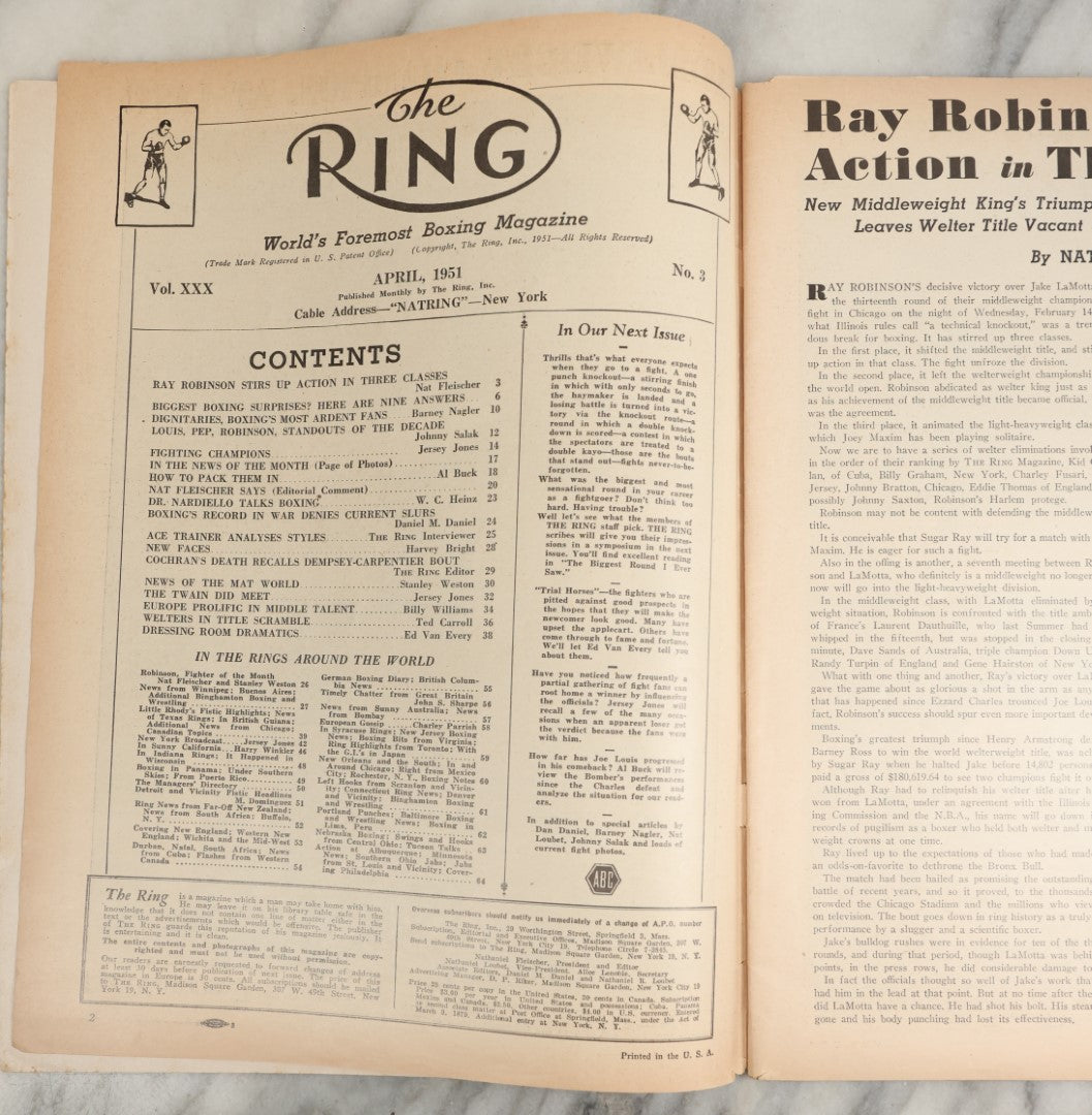 Lot 179 - The Ring Magazine, Robinson Lamotta Feud Issue And Cover, April 1951, Appears To Include Jake Lamotta Autograph, Not Authenticated, Not Guaranteed