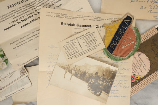 Lot 183 - Estate Ephemera Grouping Related To Boston Swedish Gymnastic Club Posse, Circa 1930s, Including Chocolate Box Found In, Includes Map Of New York City, Real Photo Postcard Of Motorcycle Cop And Boston Marathon, Hand Made Patch, Etc, As Found