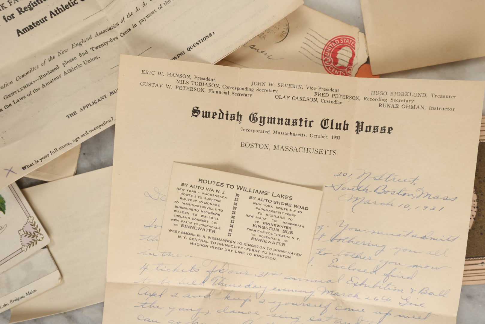 Lot 183 - Estate Ephemera Grouping Related To Boston Swedish Gymnastic Club Posse, Circa 1930s, Including Chocolate Box Found In, Includes Map Of New York City, Real Photo Postcard Of Motorcycle Cop And Boston Marathon, Hand Made Patch, Etc, As Found