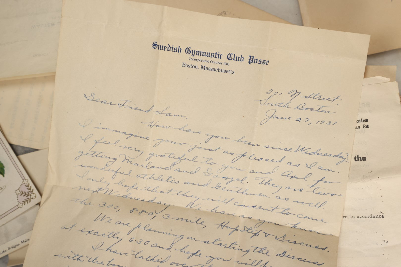 Lot 183 - Estate Ephemera Grouping Related To Boston Swedish Gymnastic Club Posse, Circa 1930s, Including Chocolate Box Found In, Includes Map Of New York City, Real Photo Postcard Of Motorcycle Cop And Boston Marathon, Hand Made Patch, Etc, As Found