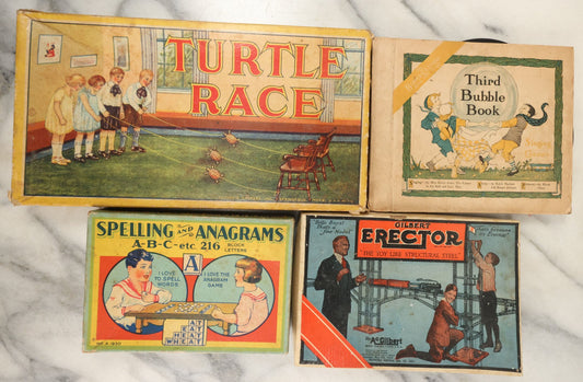 Lot 185 - Grouping Of Four Antique And Vintage Children's Toys / Games Including Gilbert Erector Set, Spelling Anagrams, Turtle Race, And Bubble Book With Records