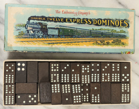 Lot 187 - Lot 188 - The Embossing Company's Double Twelve Express Dominoes, Vintage Dominoes In Box With Train Decoration, Made In U.S.A., Incomplete