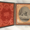 Lot 017 - Antique 1/6th Plate Tintype Photograph Of A Small Dog Seated On A Cushion, Clear And Crisp Image, In Leatherette Case