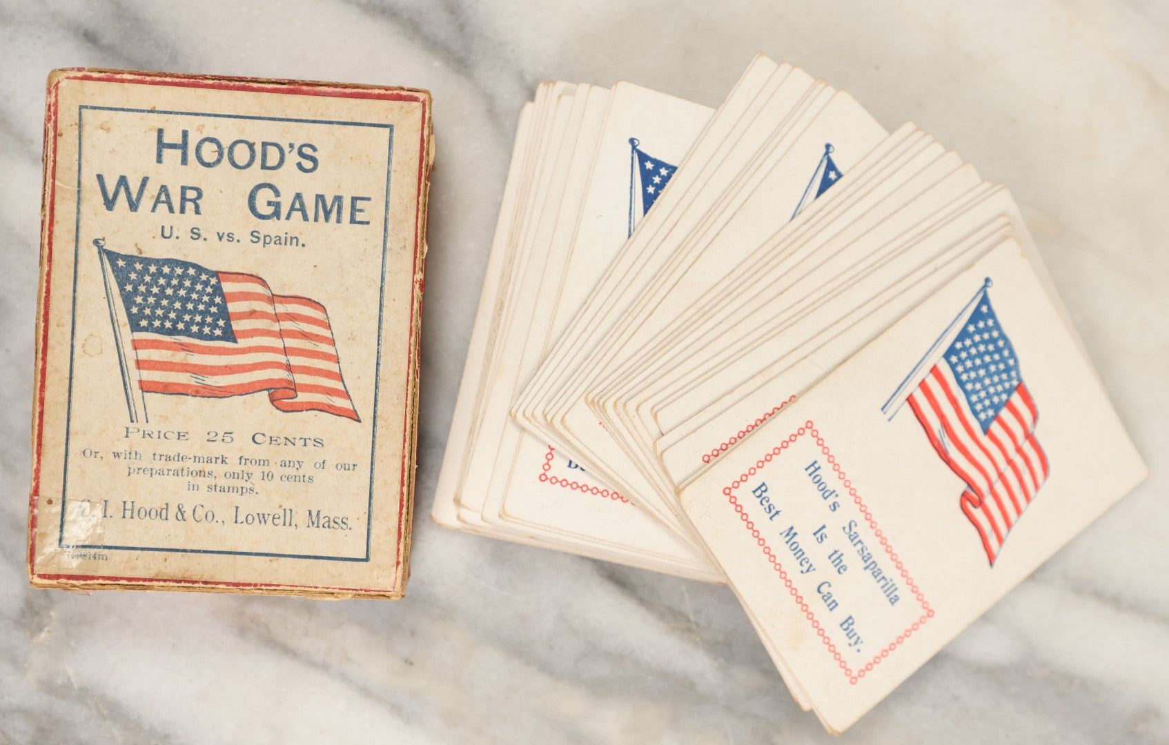 Lot 190 - Hood's War Game, U.S. Vs Spain, Spanish American War Era Card Game In Box, Advertisement For O.I Hood & Co., Hood's Sarsaparilla, Lowell, Massachusetts, Unknown If Complete