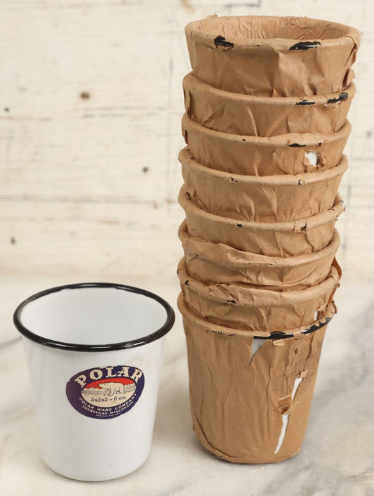 Lot 194 - Grouping Of Nine New Old Stock N.O.S. Enamel Cups By Polar Ware Company, Sheboygan, Wisconsin, With Original Paper Labels, Eight Completely Unopened, In Original Wrapping