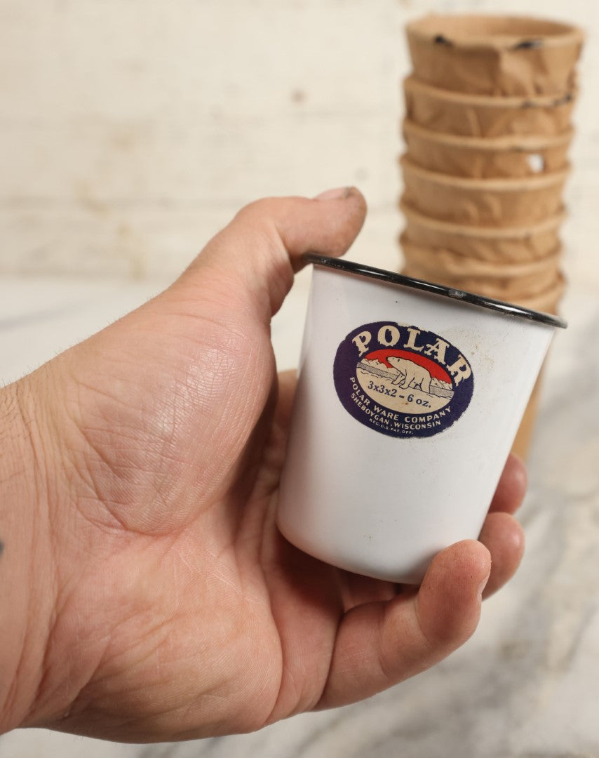 Lot 194 - Grouping Of Nine New Old Stock N.O.S. Enamel Cups By Polar Ware Company, Sheboygan, Wisconsin, With Original Paper Labels, Eight Completely Unopened, In Original Wrapping