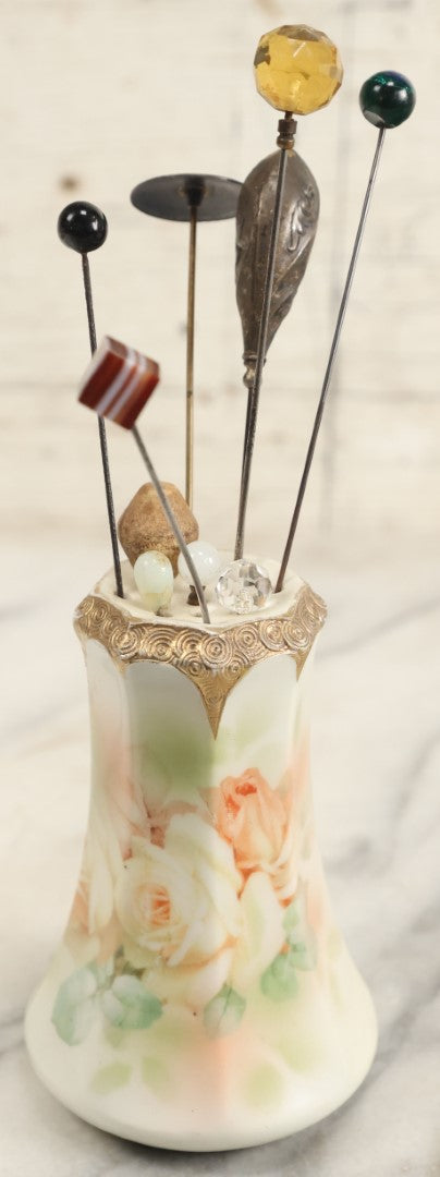 Lot 195 - Grouping Of Ten Vintage And Antique Hat Pins Including Sterling Silver With Vintage Porcelain Hat Pin Holder, One Lot One Money