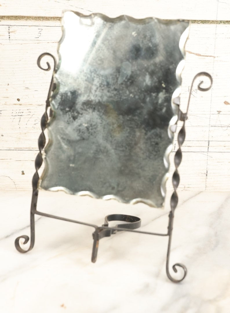Lot 197 - Antique Chipped Glass Convertible Dresser Mirror, Free Stands On Kick Stand, Or Fold Kick Stand For Hand Holding, Note Wear