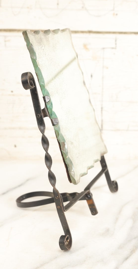 Lot 197 - Antique Chipped Glass Convertible Dresser Mirror, Free Stands On Kick Stand, Or Fold Kick Stand For Hand Holding, Note Wear
